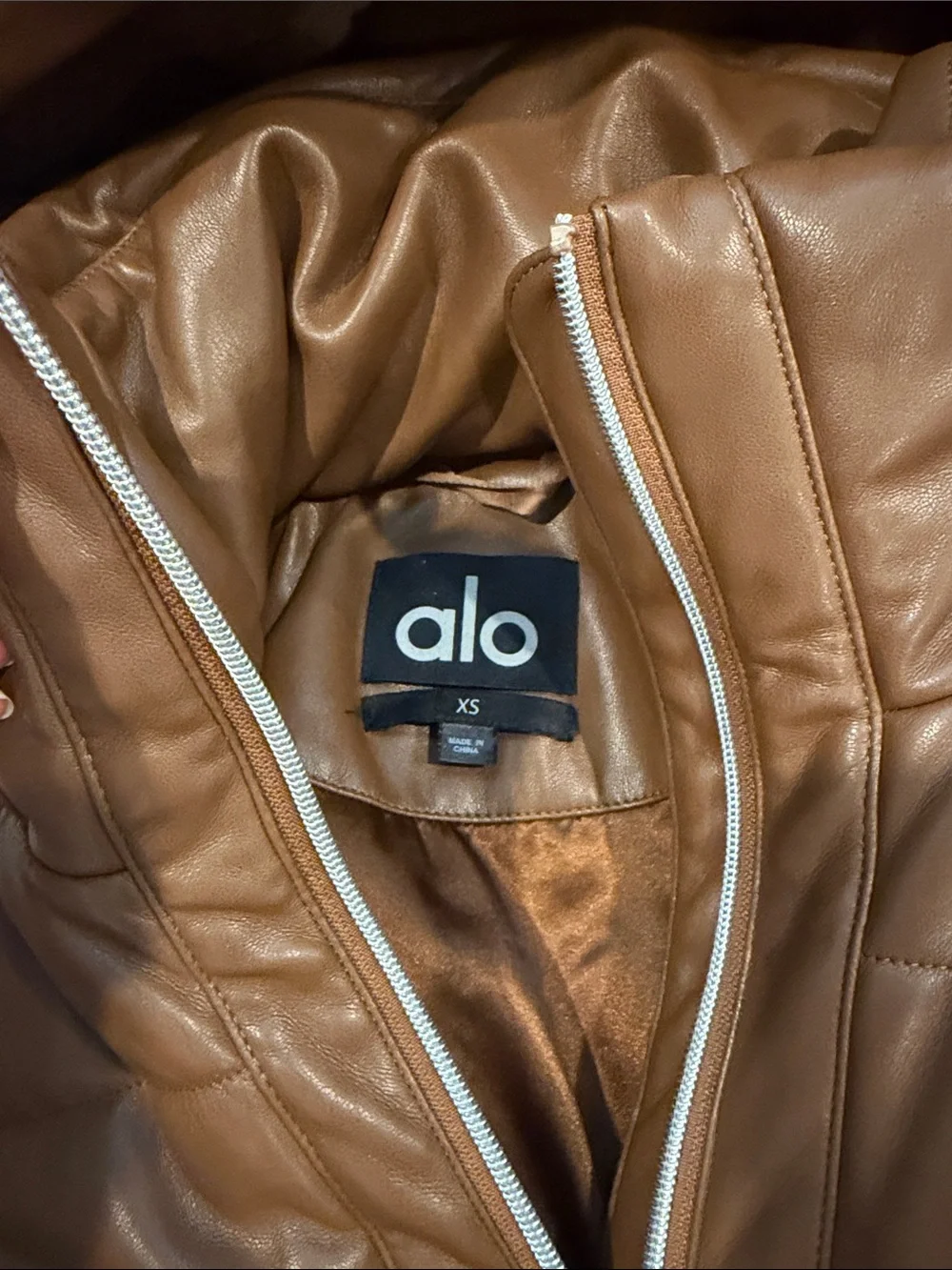 ALO Yoga Boss Faux Leather Brown Hooded Puffer Jacket XS